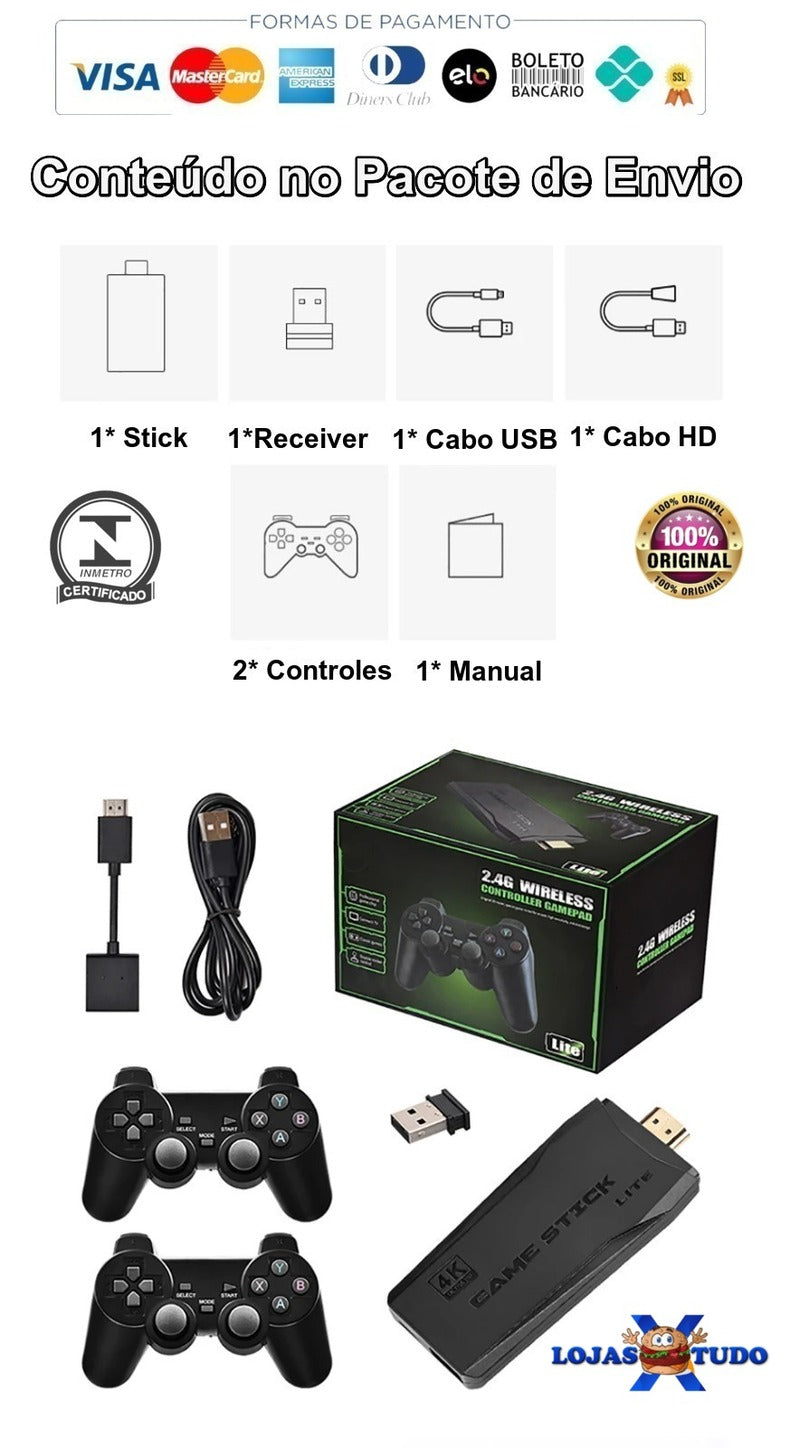 console de videogame stick 4k retro 64g com + 10000 jogos e com controle sem fio